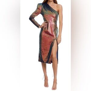 Bronx and Banco Galaxy Midi Sequin One Shoulder Dress XS